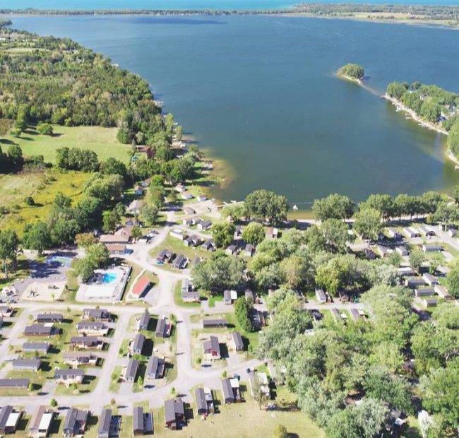 Aerial View of Cherry Beach Resort including 1200 feet of Pristine Sandy Beach on the Shore of East Lake
