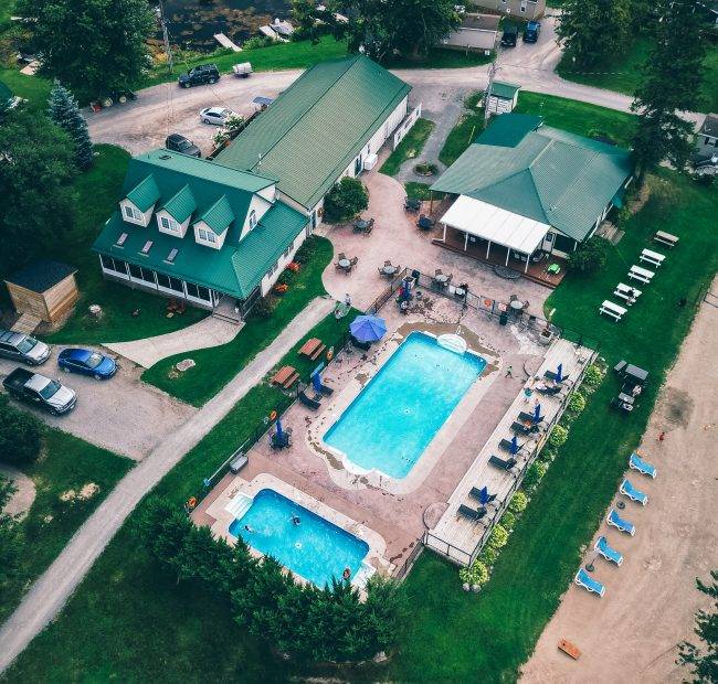 Woodland Estate Resort | Aerial view of the lakeside resort, Lake Seymour and surrounding Kawartha nature