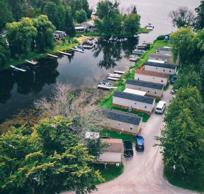 Woodland Estate Resort | Aerial view of the lakeside resort, Lake Seymour and surrounding Kawartha nature